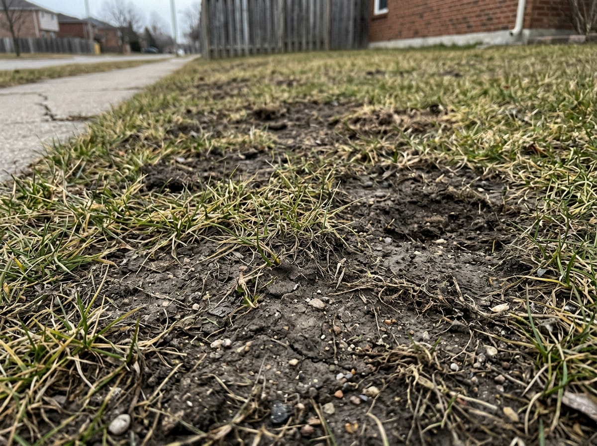 Compacted, patchy lawn in Alexandria, VA showing bare spots and thinning grass before aeration and overseeding