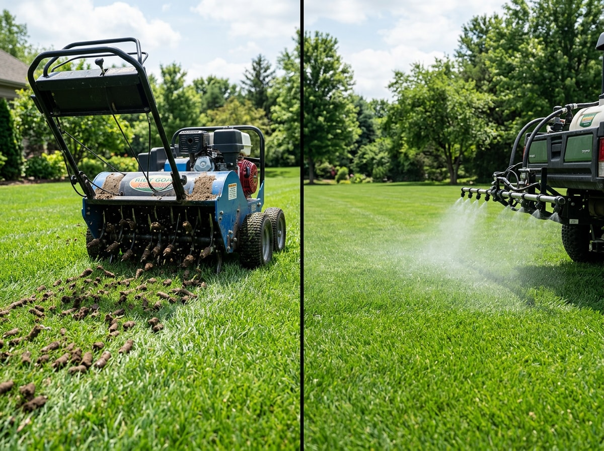 Side-by-side comparison graphic of core aeration machine plugs versus liquid aeration soil treatment