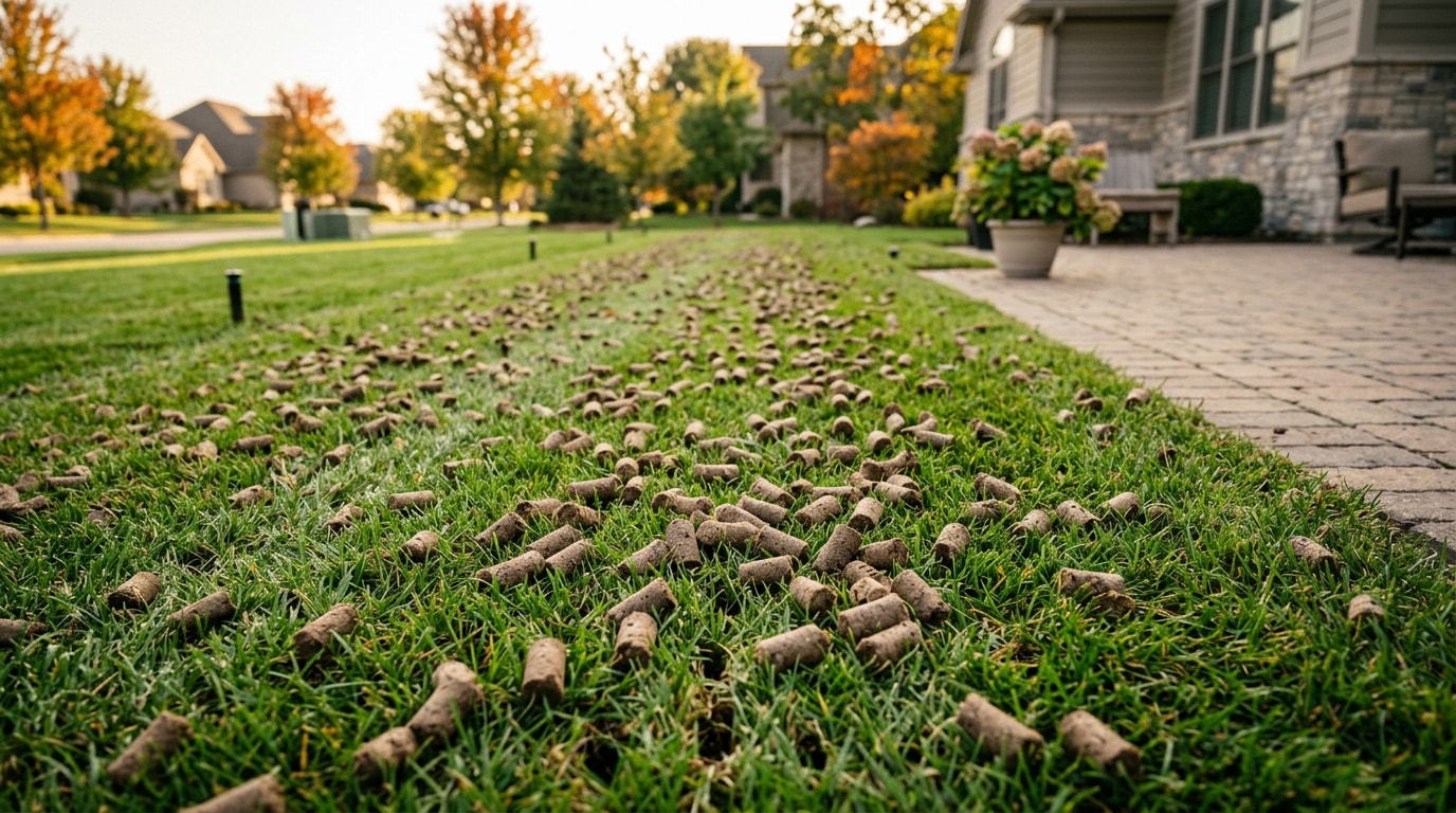 Freshly aerated lawn with soil plugs next to a brick patio in Alexandria, VA Freshly aerated lawn with soil plugs next to a brick patio in Alexandria, VA