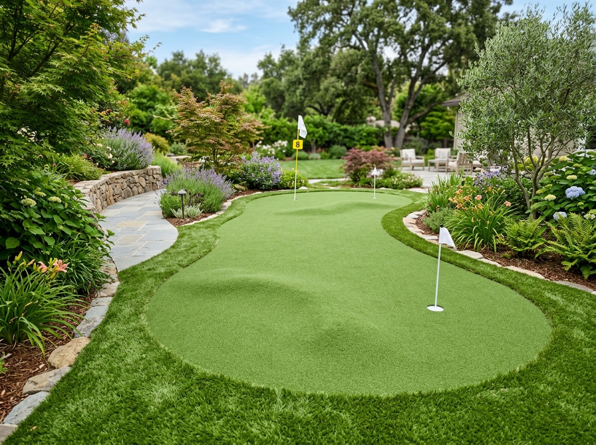Backyard synthetic putting green installed in an Alexandria, VA yard with contoured greens and fringe
