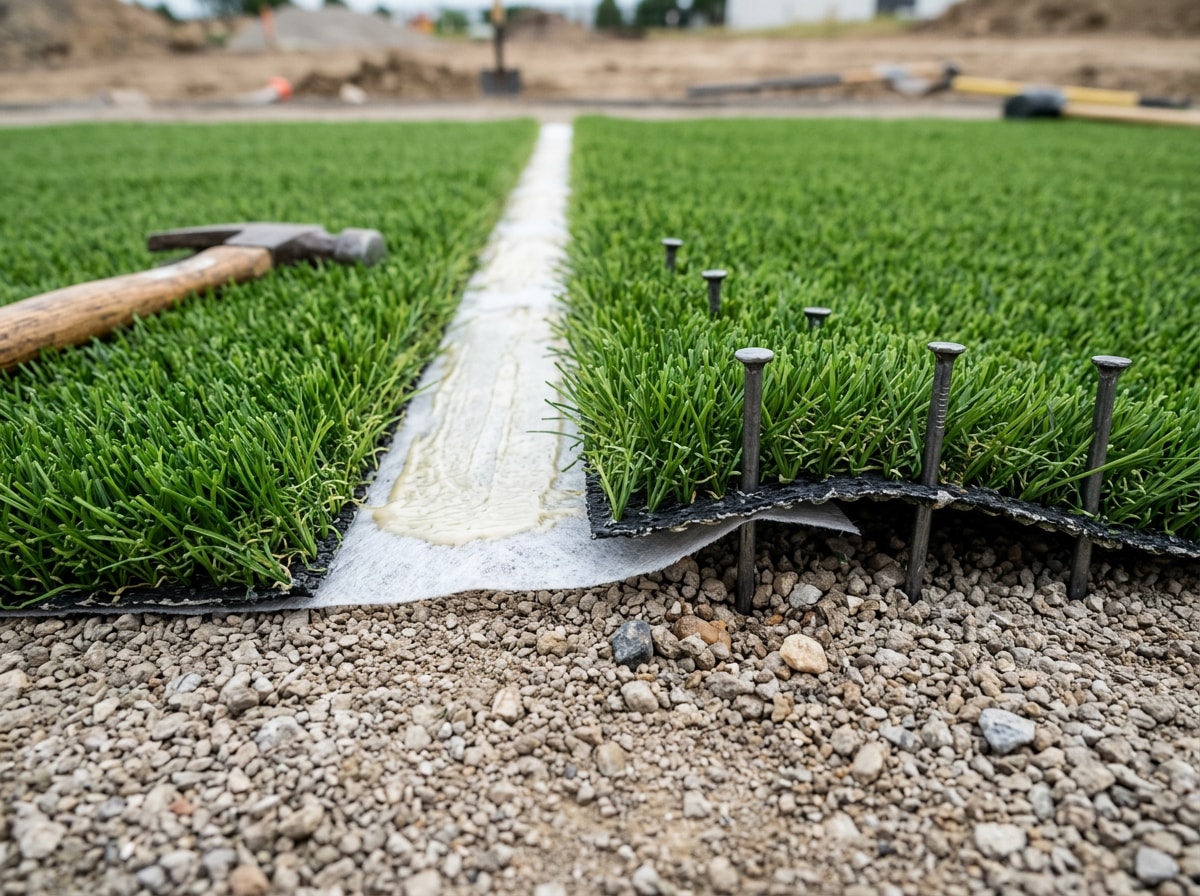 Close-up of artificial turf seaming and edge-nailing during a professional installation