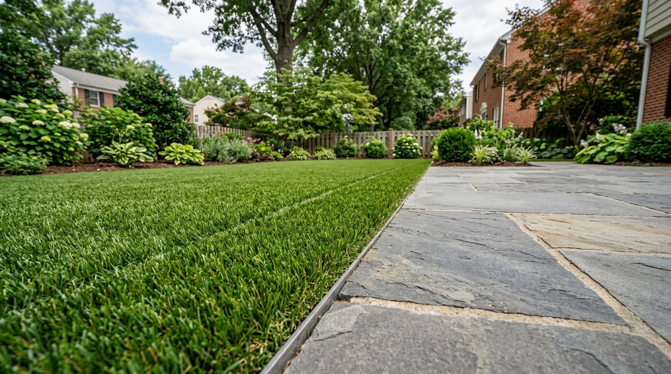 Freshly installed artificial grass lawn bordering a paver patio in an Alexandria, VA backyard
