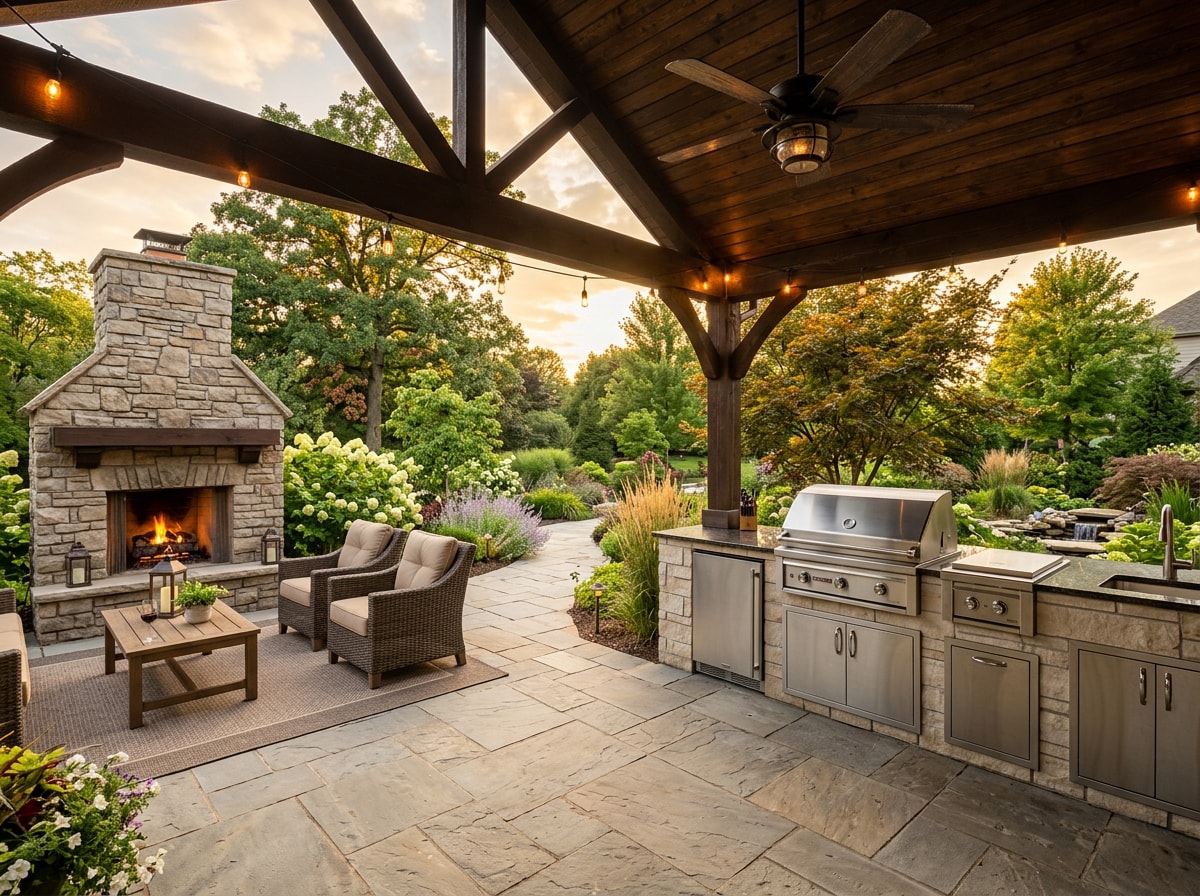 Premium Fairfax County backyard with outdoor kitchen, covered living area, and stone patio