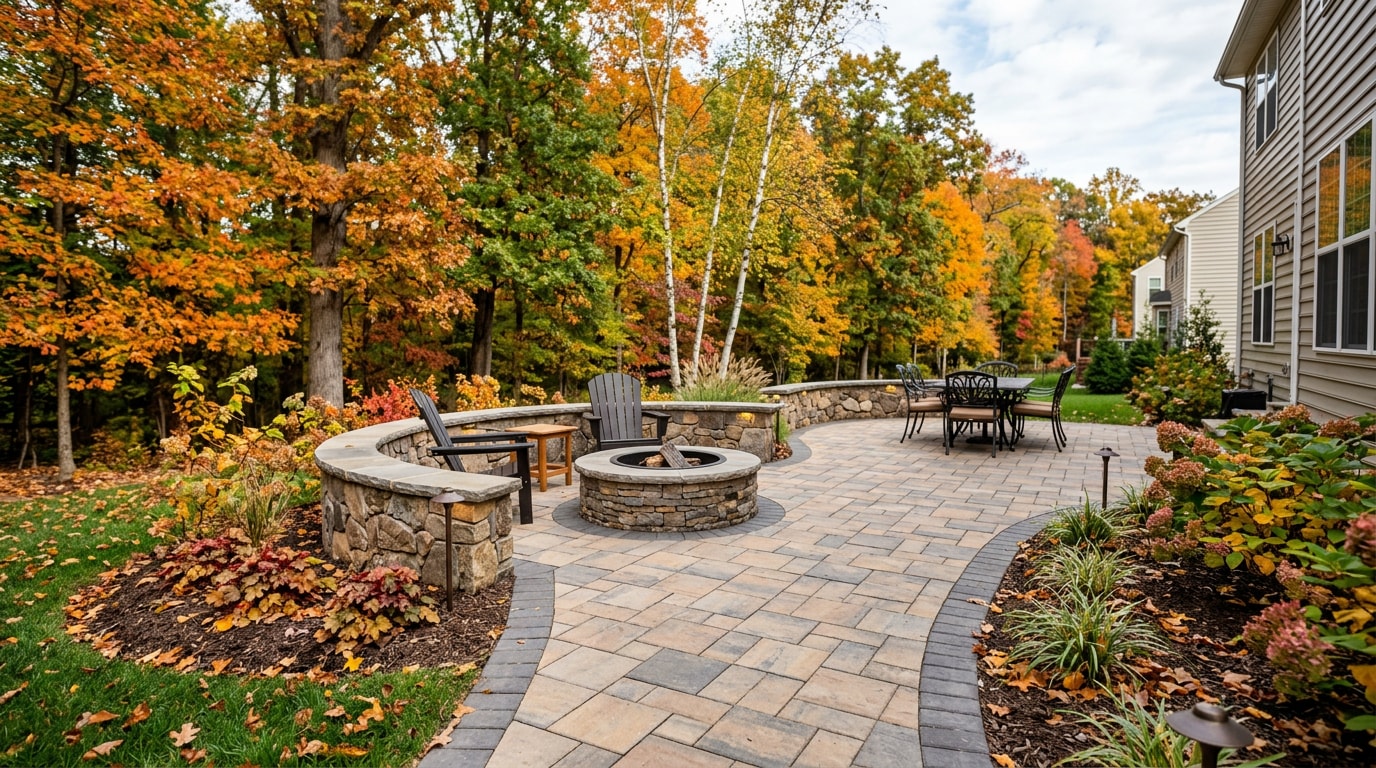 Finished backyard paver patio with retaining wall and fire pit in Fairfax County, VA