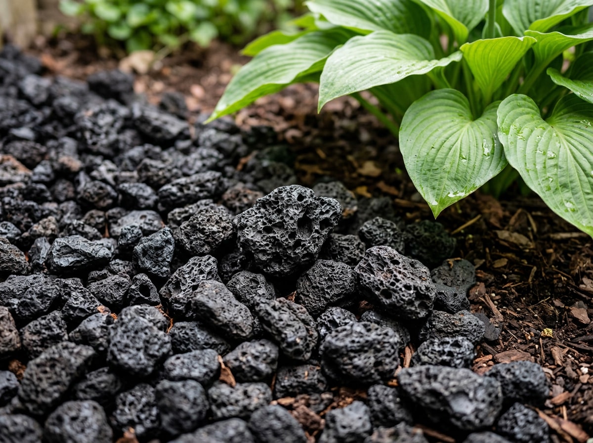 Close-up texture of installed black lava rock landscaping bed with plants