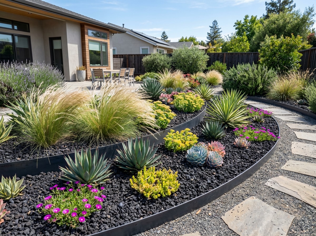 Modern xeriscape garden bed using black lava rock as ground cover