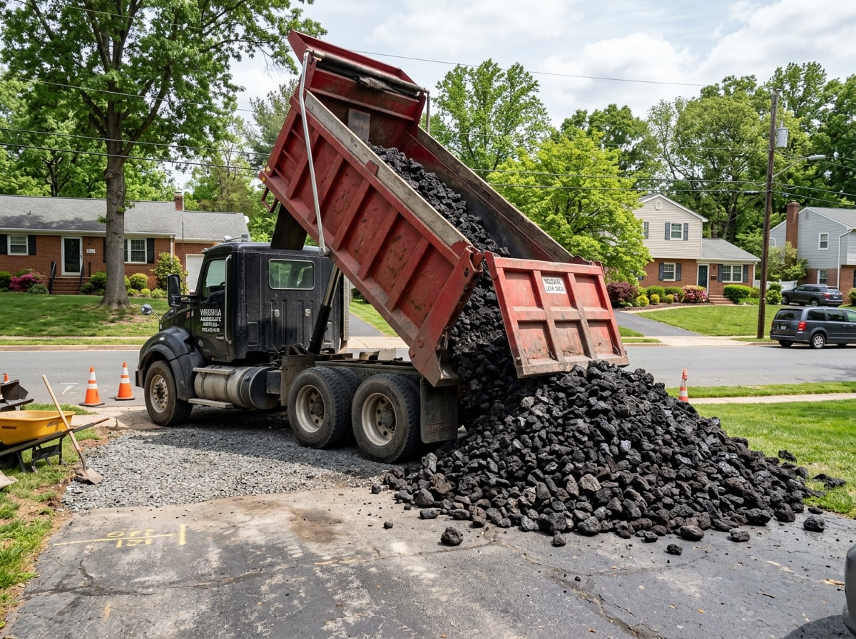 Bulk delivery truck dropping black lava rock at a residential landscaping yard