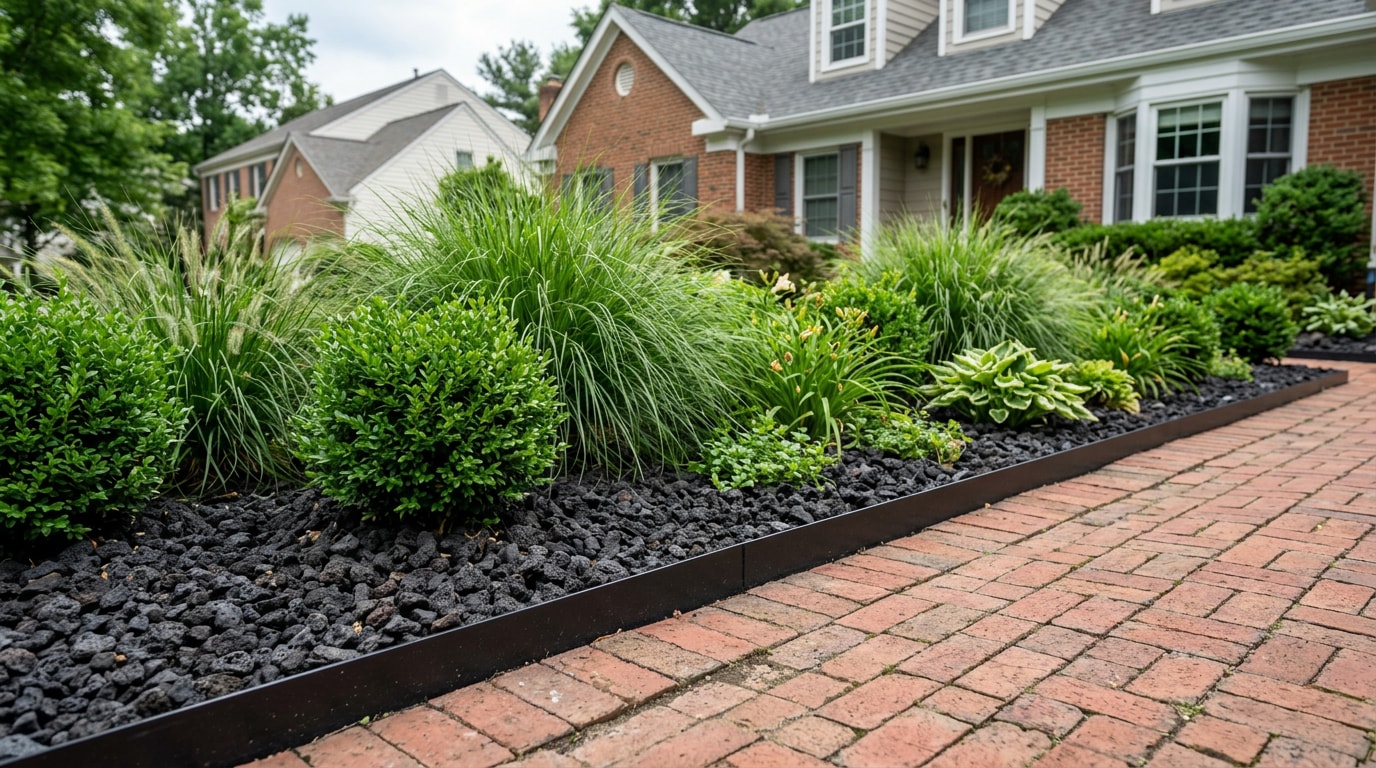 Finished black lava rock landscaping bed around shrubs in a Fairfax County, VA front yard