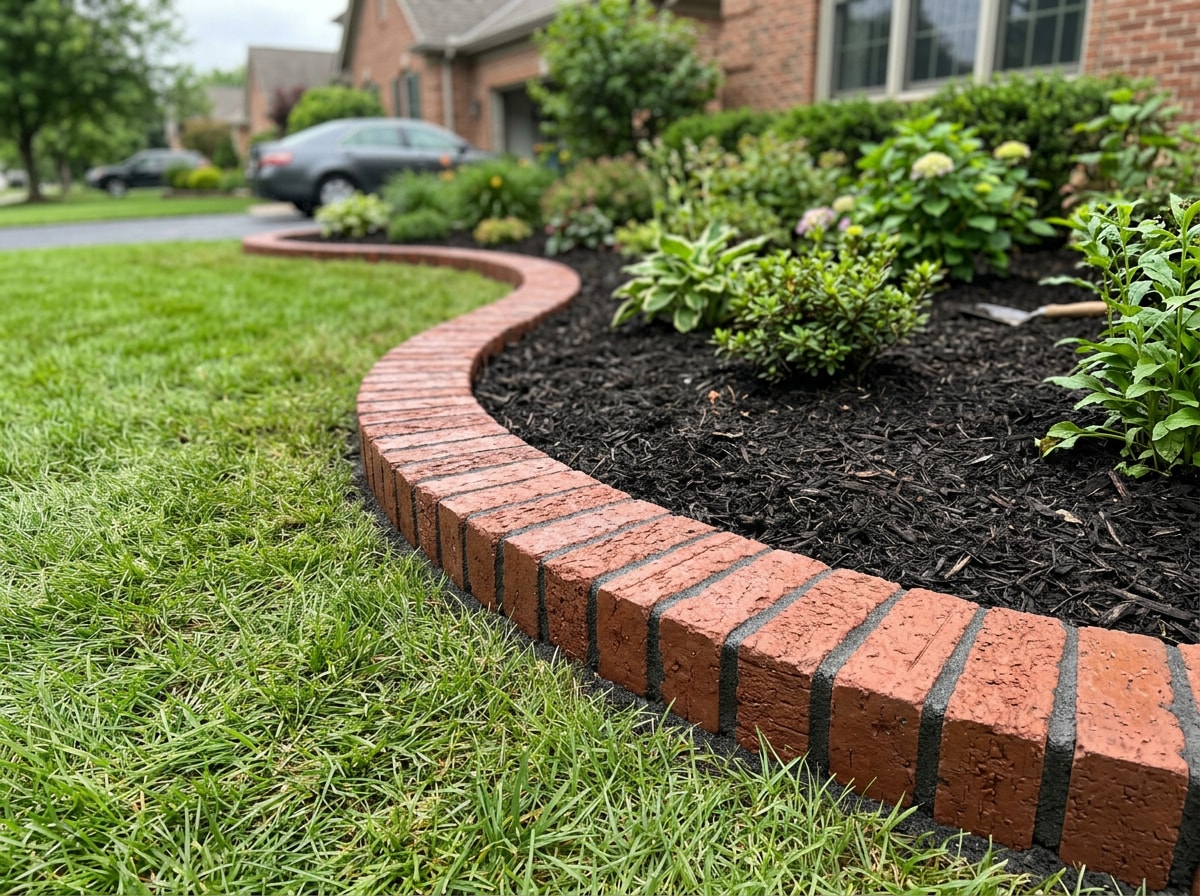 Brick edging installed along a curved garden bed border in an Alexandria, VA front yard