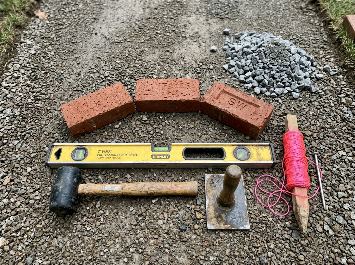 Flat-lay of brick edging tools and materials including a rubber mallet, level, and clay pavers