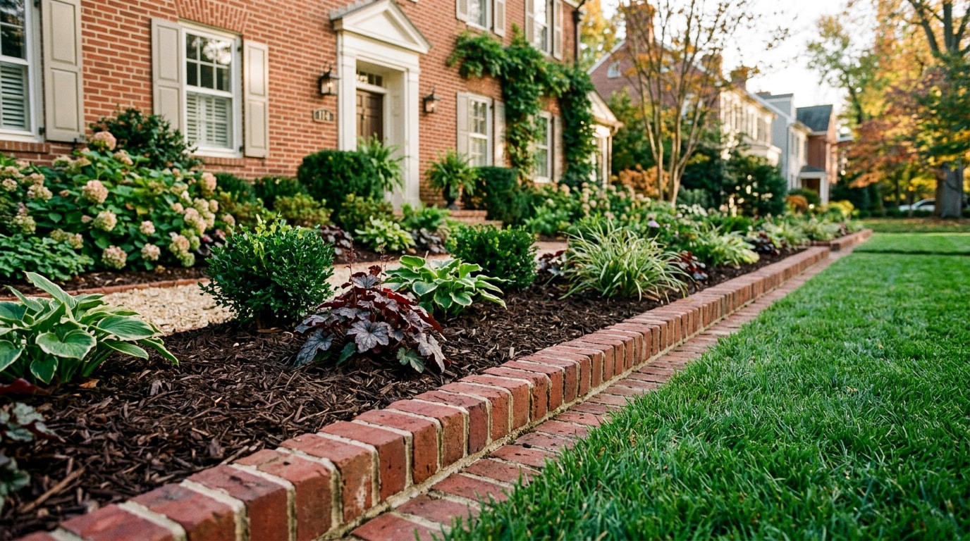 Finished brick edging border separating a mulched garden bed from lawn in Alexandria, VA