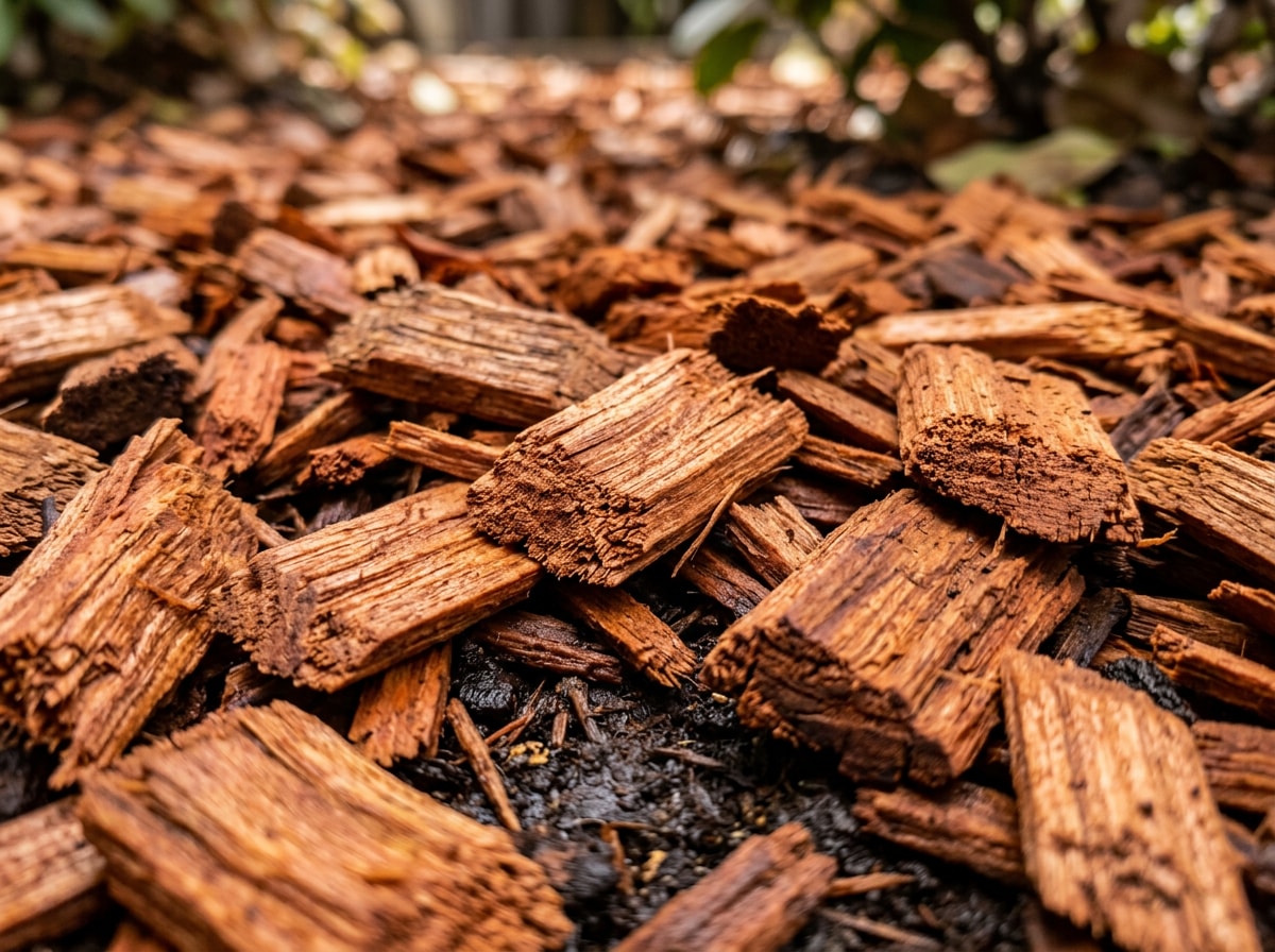 Reddish-brown cedar chips spread as mulch in a landscape flower bed