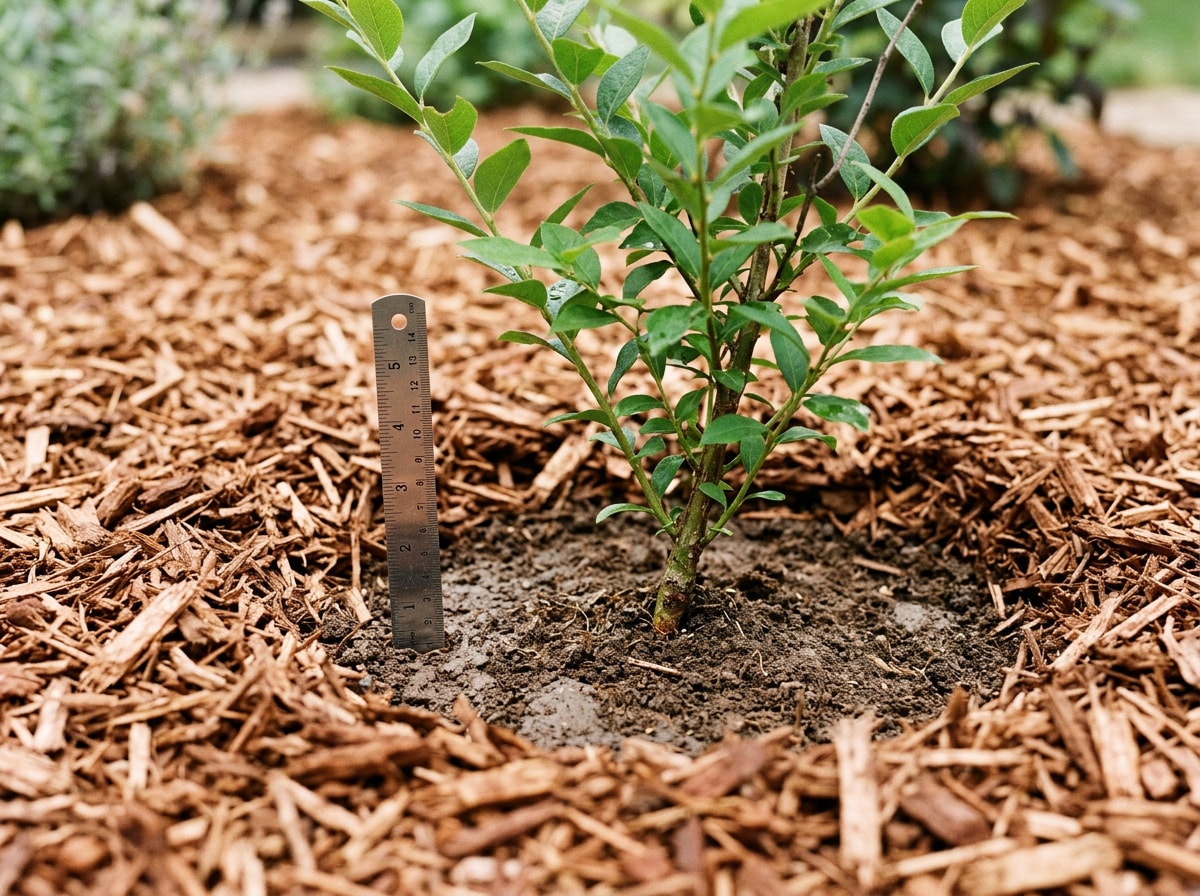 Mulch depth gauge showing cedar chips applied correctly around a shrub, pulled back from the stem