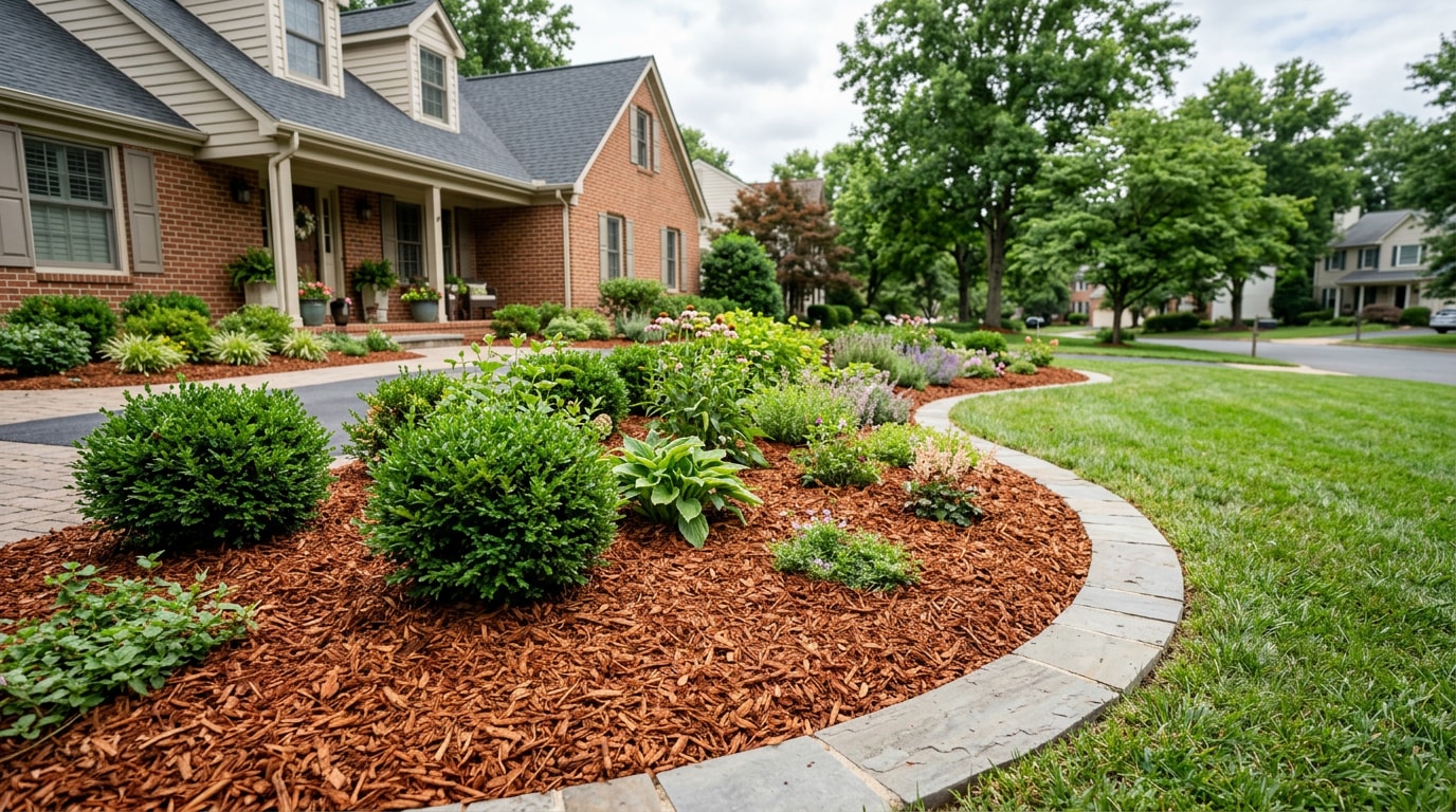 Freshly mulched garden bed with reddish-brown cedar chips around shrubs in a Fairfax, VA yard