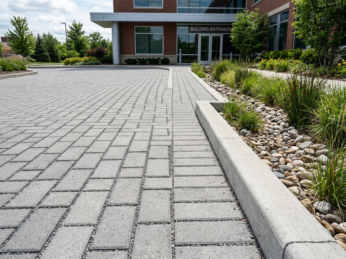 Permeable paver driveway and walkway installed at a commercial office property