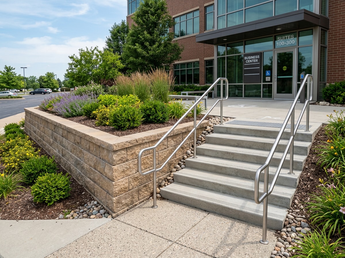 Finished retaining wall and ADA-compliant concrete steps at a commercial property entrance