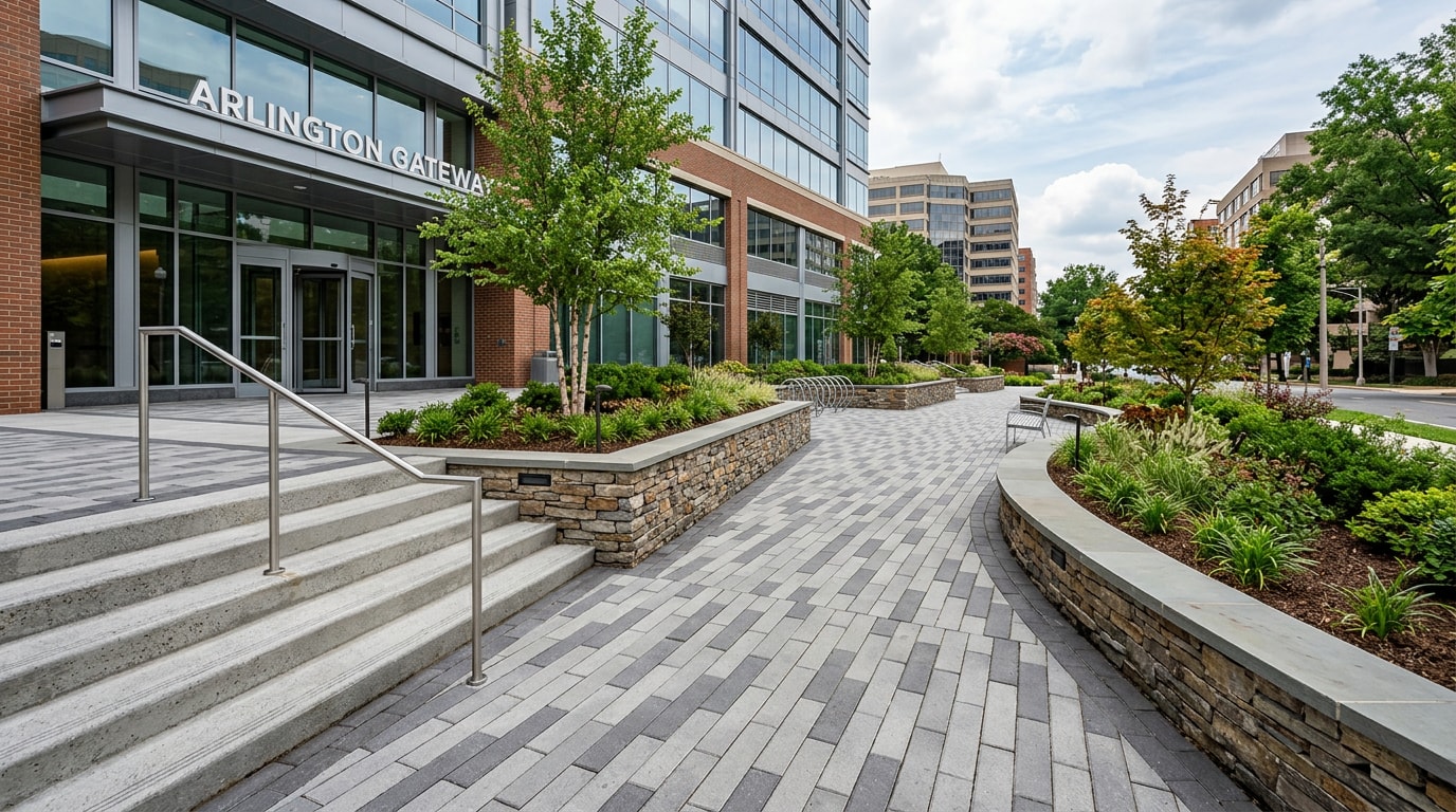 Commercial hardscape walkway and retaining wall at an Arlington, VA office property