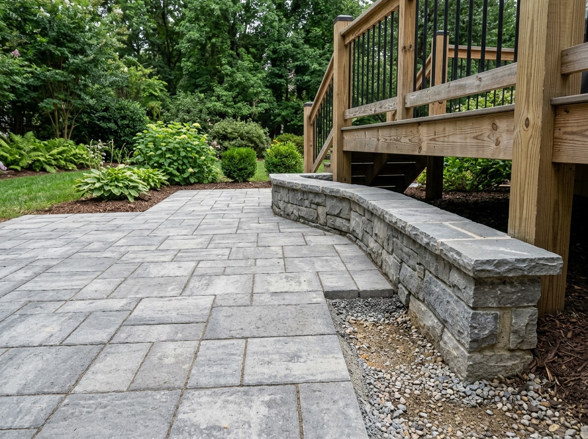 Paver patio and low stone retaining wall adjoining a wood deck in an Arlington, VA backyard