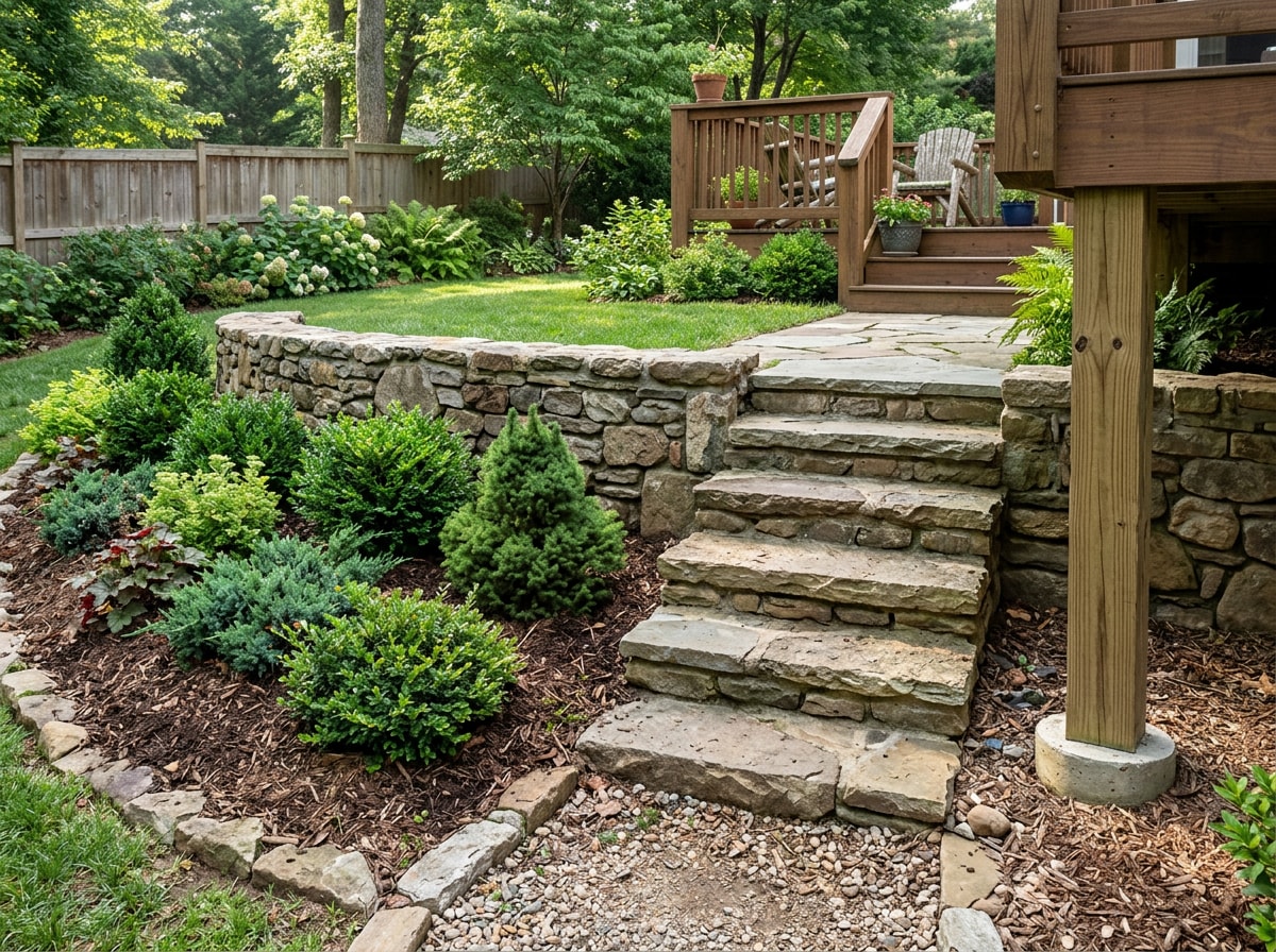 Low garden wall and stone steps framing a planting bed beside a backyard deck