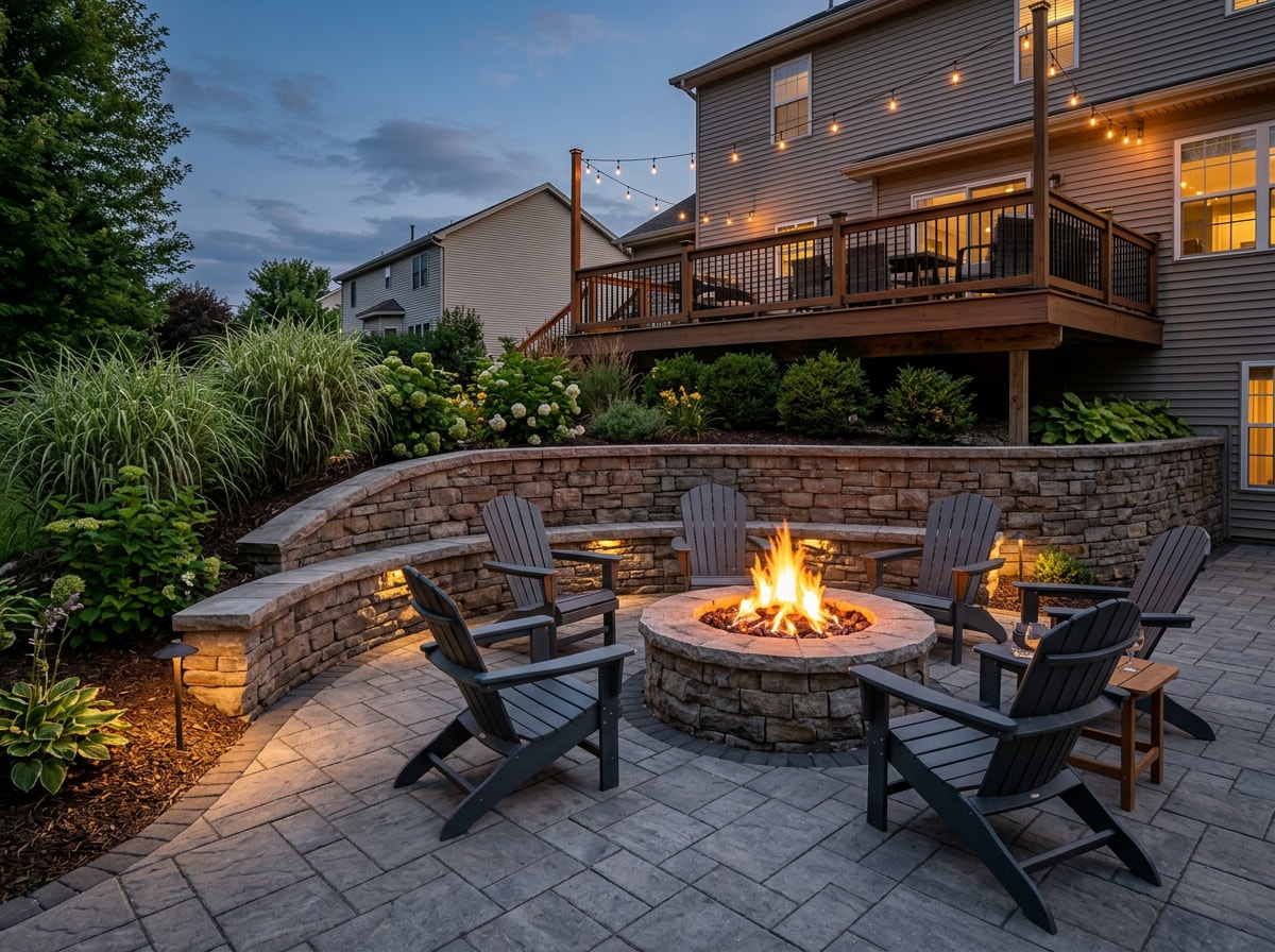 Completed backyard hardscape with paver patio, fire pit, and retaining wall below a raised deck