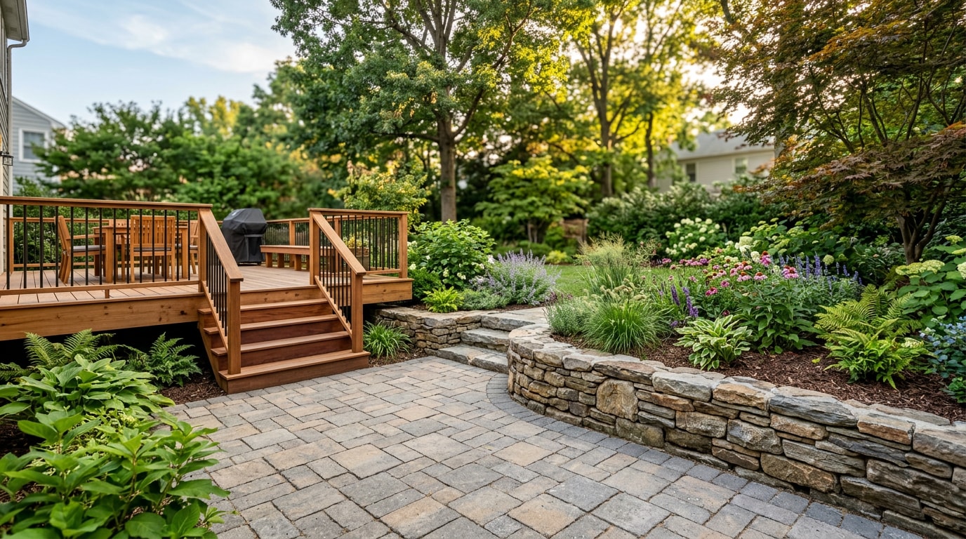 Finished backyard hardscape with a raised deck, paver patio, and stone retaining wall in Arlington, VA