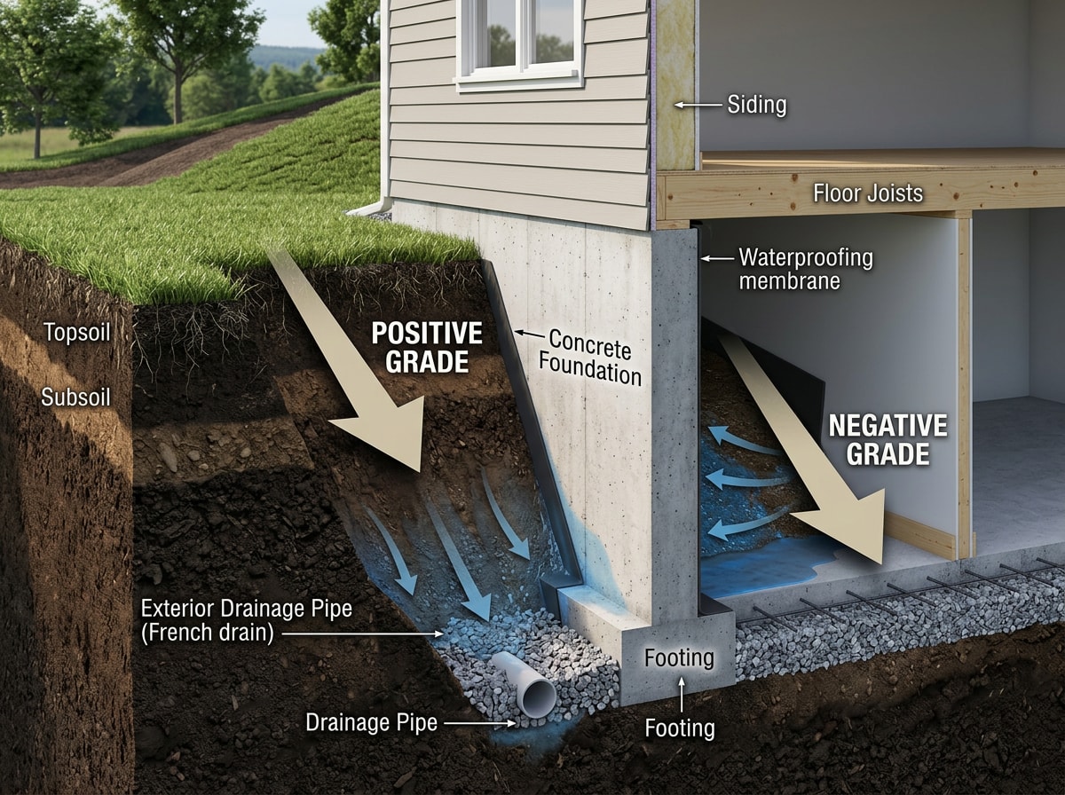 Diagram showing positive grade sloping away from a home foundation versus negative grade sloping toward it