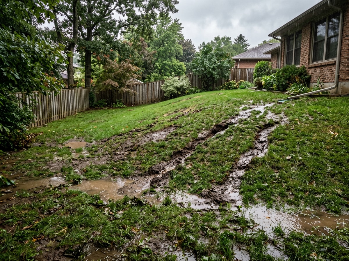Yard with standing water and visible erosion along a sloped lawn