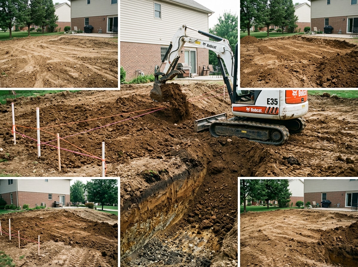 Step-by-step illustration of the cut-and-fill soil grading process in a residential yard