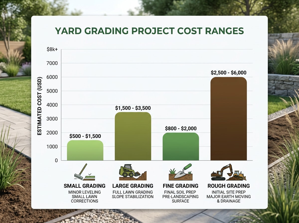 Cost range chart comparing small, large, fine, and rough yard grading project prices