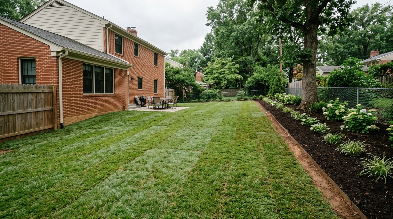 Freshly regraded backyard with sloped lawn draining away from a home foundation in Arlington, VA Freshly regraded backyard with sloped lawn draining away from a home foundation in Arlington, VA