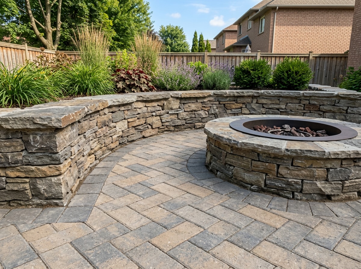 Newly installed paver patio with a stone retaining wall and built-in fire pit in a Fairfax, VA backyard