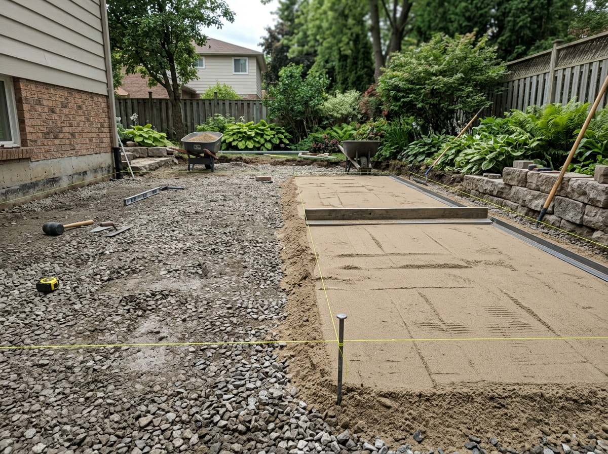 Crew compacting a gravel base before paver installation for a Fairfax, VA patio enhancement project
