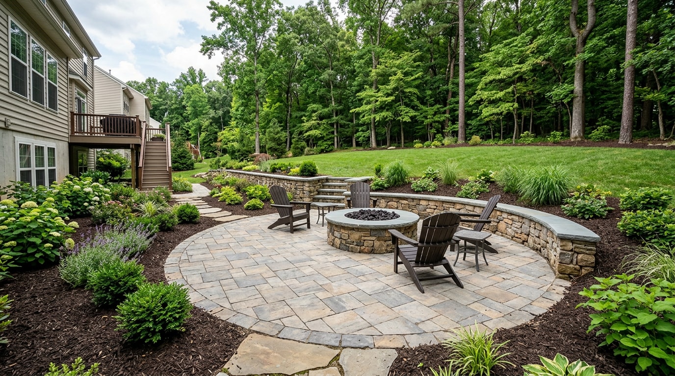 Finished landscape enhancement with paver patio, stone retaining wall, and fire pit in Fairfax, VA