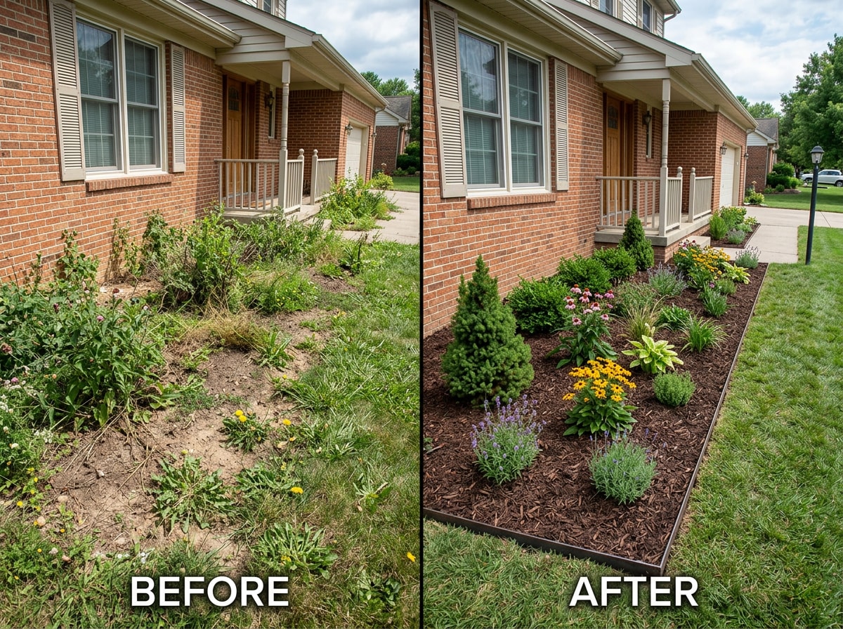 Before and after photo of a Fairfax County yard with newly installed native plants and shrubs