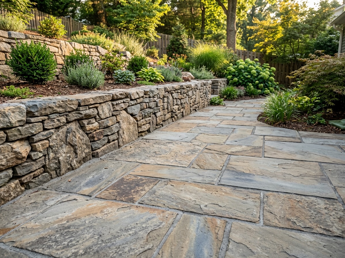 Completed flagstone patio and retaining wall hardscape installation in a Fairfax County backyard
