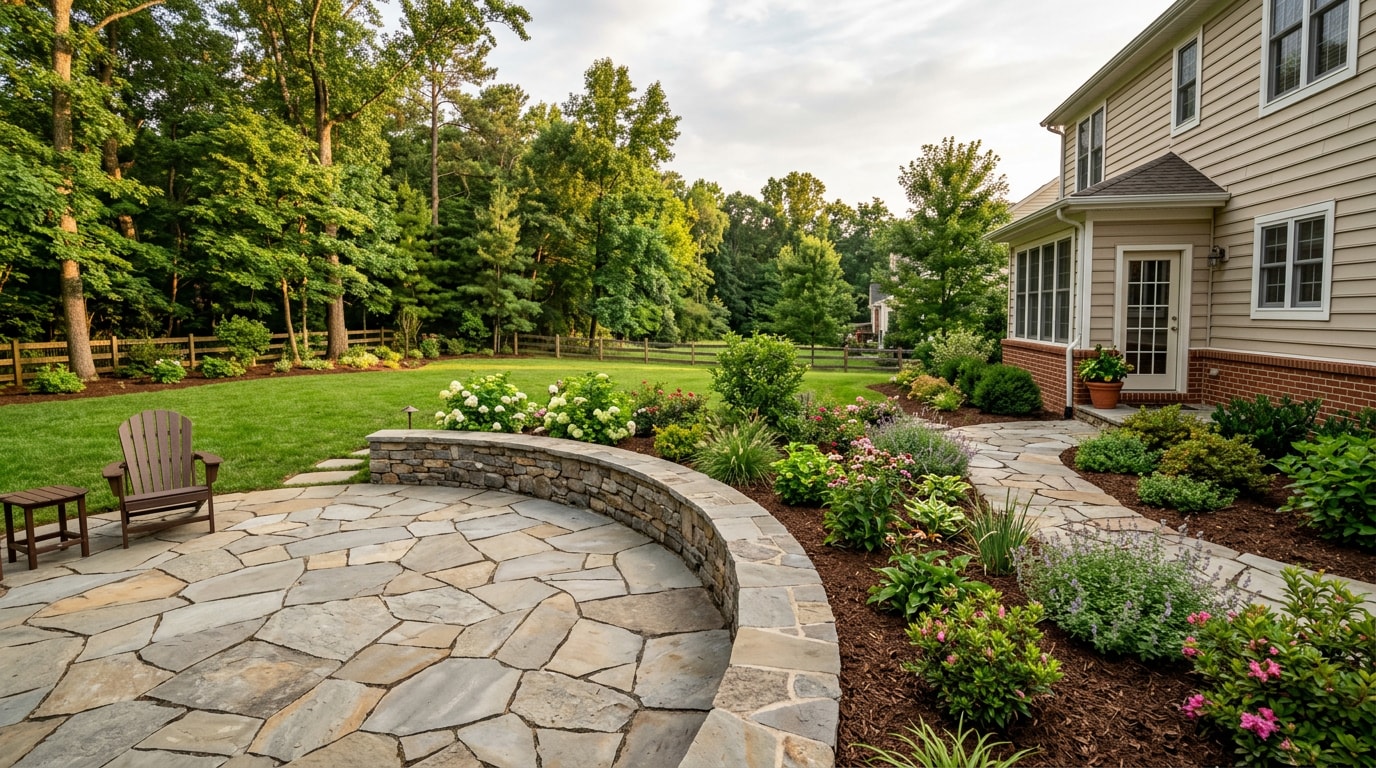 Finished landscape installation with flagstone patio, retaining wall, and planted garden beds in Fairfax County, VA