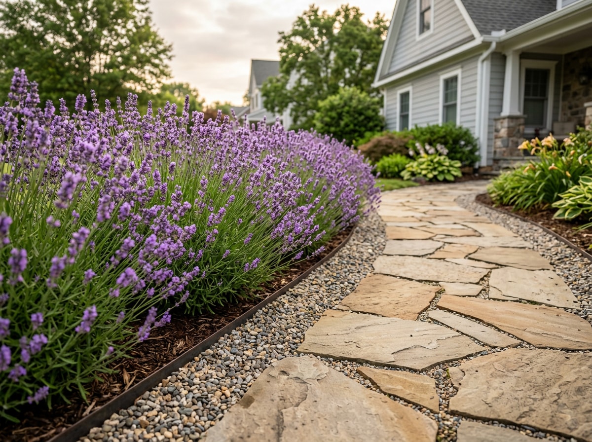 Lavender border blooming along a flagstone path in an Arlington, VA front yard