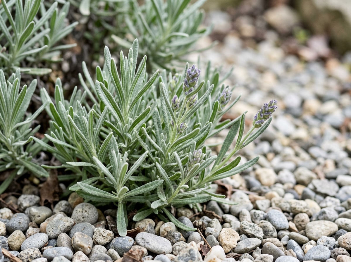 Close-up of healthy lavender foliage with gravel mulch around the base