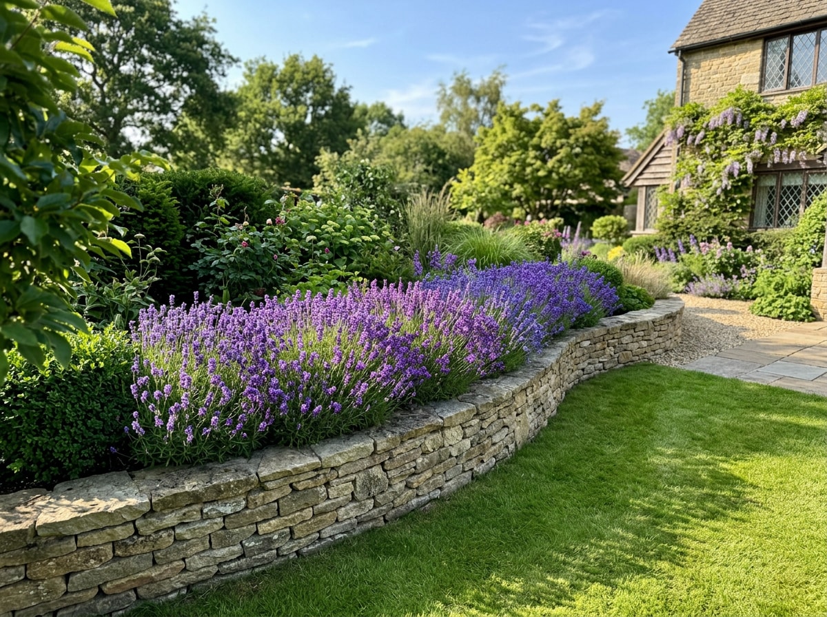 Lavender mass-planted along a low stacked stone garden wall