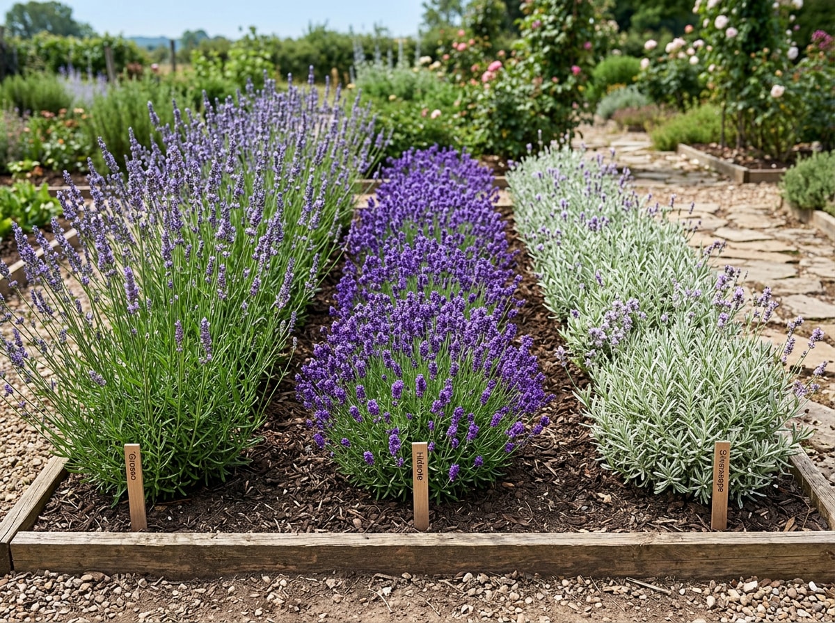 Side-by-side comparison of Grosso, Hidcote, and Silver Edge lavender in bloom