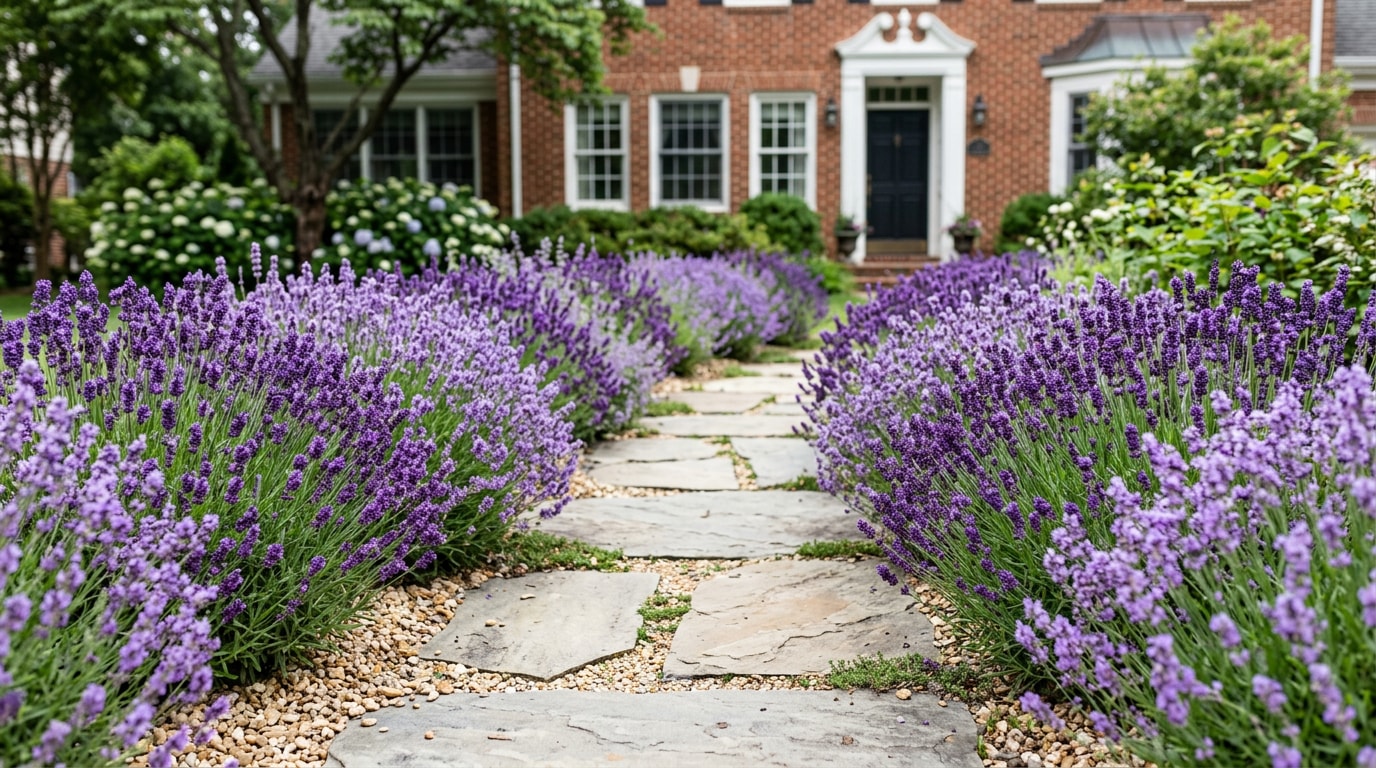 Lavender border blooming along a flagstone walkway in an Arlington, VA front yard