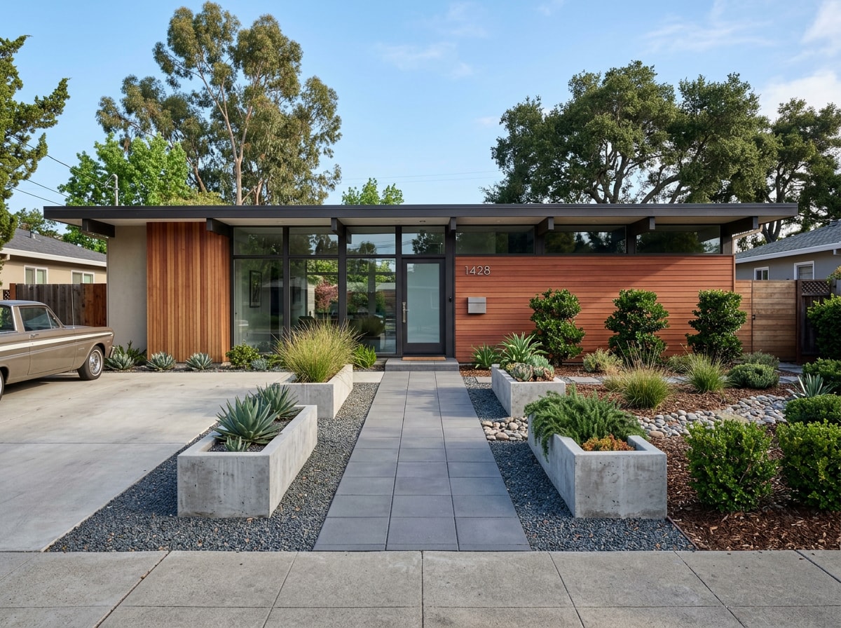 Mid century modern front yard landscaping with geometric planters and clean lines in Fairfax County, VA