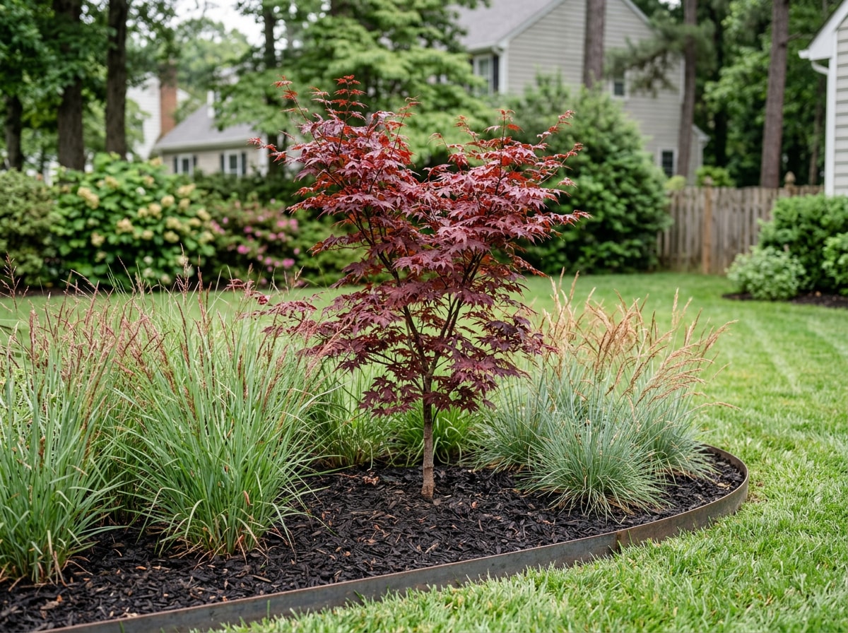 Zone 7b ornamental tree and grass grouping suited to mid century modern landscaping in Fairfax County