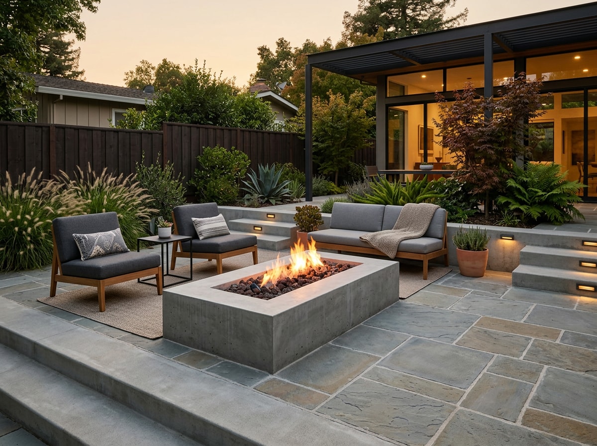 Rectangular concrete fire pit serving as a focal point in mid century modern landscape design