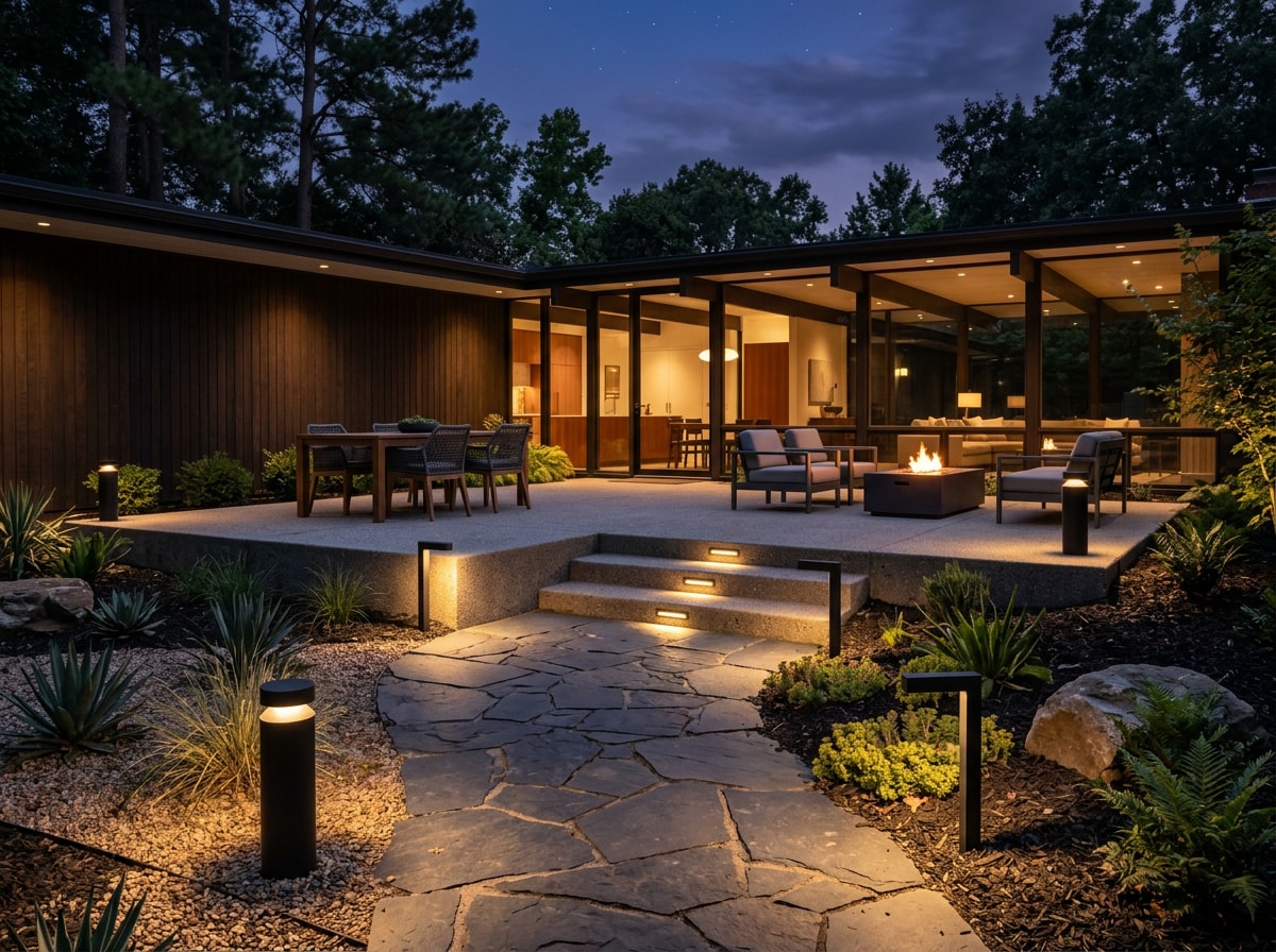 Low-profile geometric landscape lighting fixture illuminating a mid century modern patio