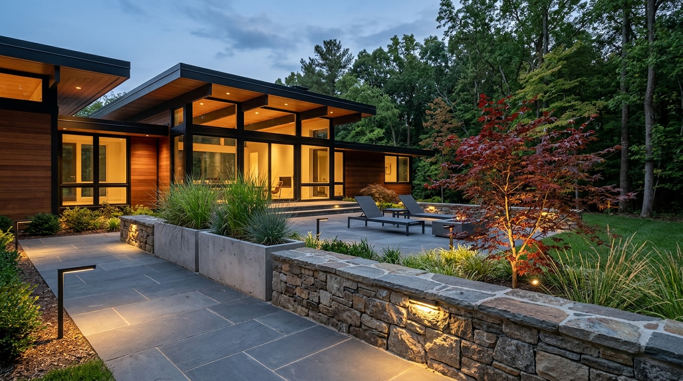 Mid century modern backyard landscaping with stone patio and geometric planters in Fairfax County, VA Mid century modern backyard landscaping with stone patio and geometric planters in Fairfax County, VA