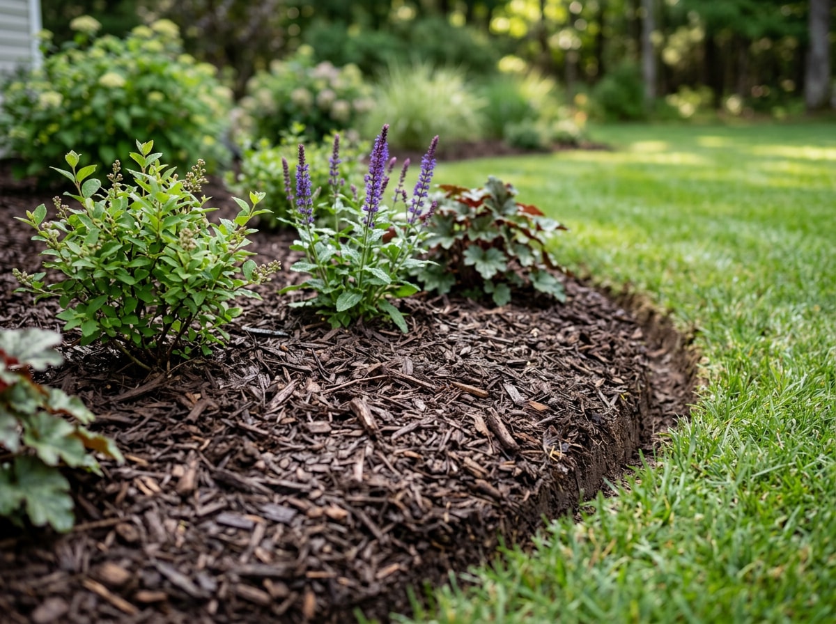 Freshly mulched flower bed in Alexandria, VA showing dark hardwood mulch and clean hand-cut edges