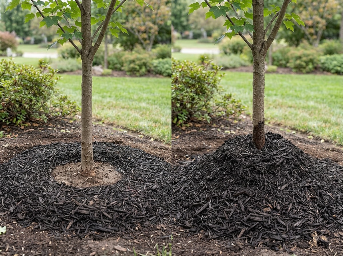 Diagram comparing correct donut-shaped mulch application versus an incorrect mulch volcano piled against a tree trunk