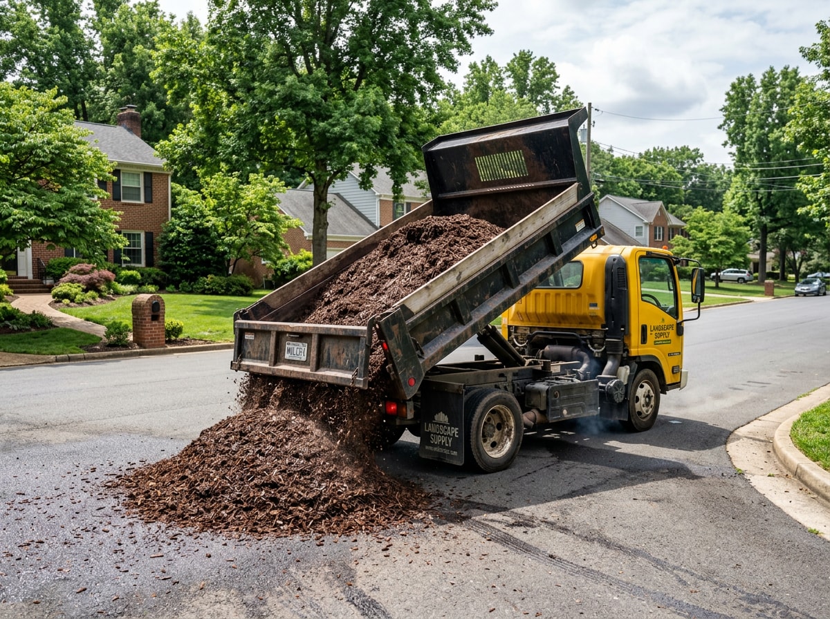 Mulch delivery truck unloading a fresh pile of wood chip mulch in a residential driveway