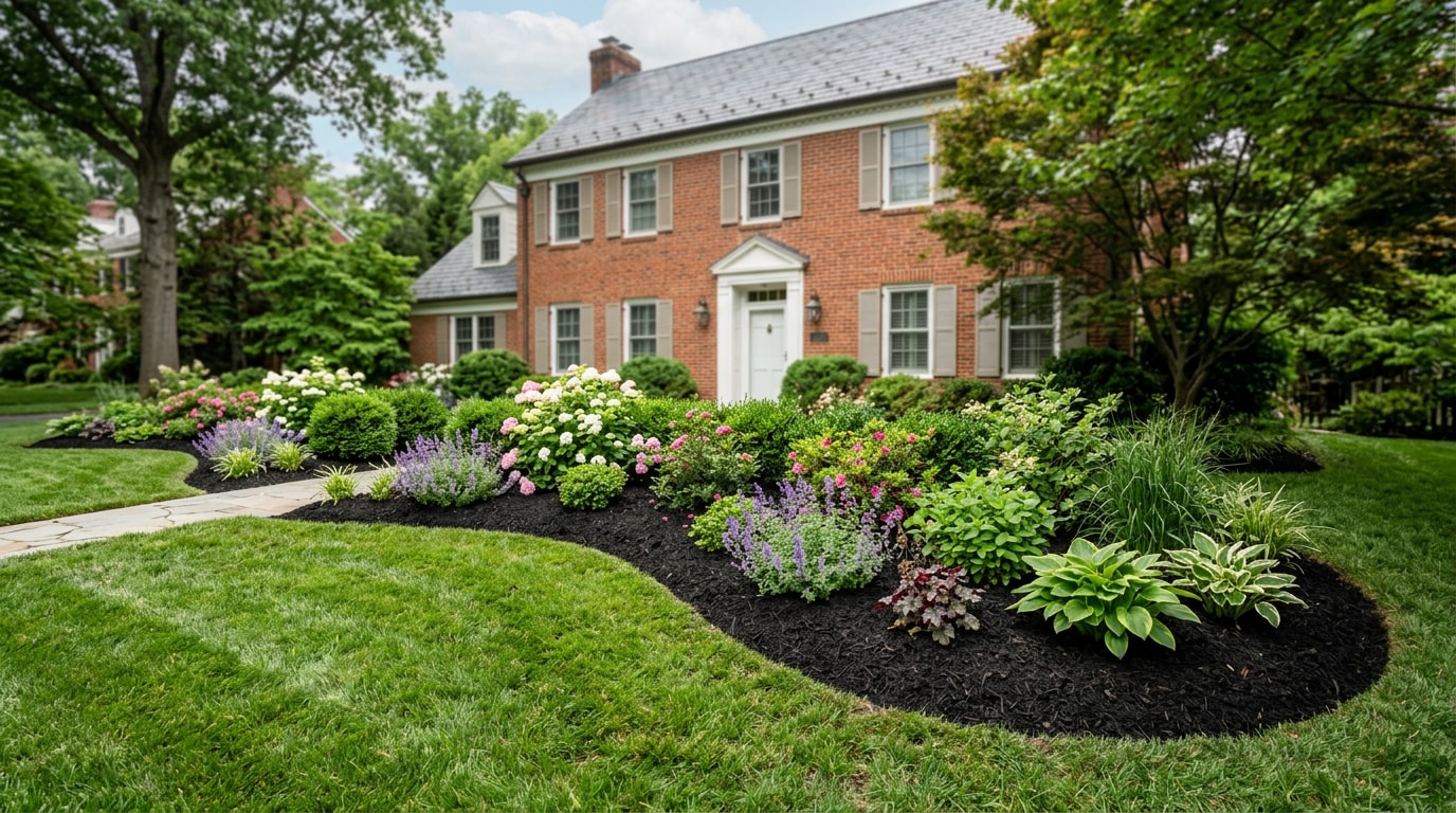 Freshly mulched garden bed with hand-cut edges in front of a home in Alexandria, VA Freshly mulched garden bed with hand-cut edges in front of a home in Alexandria, VA